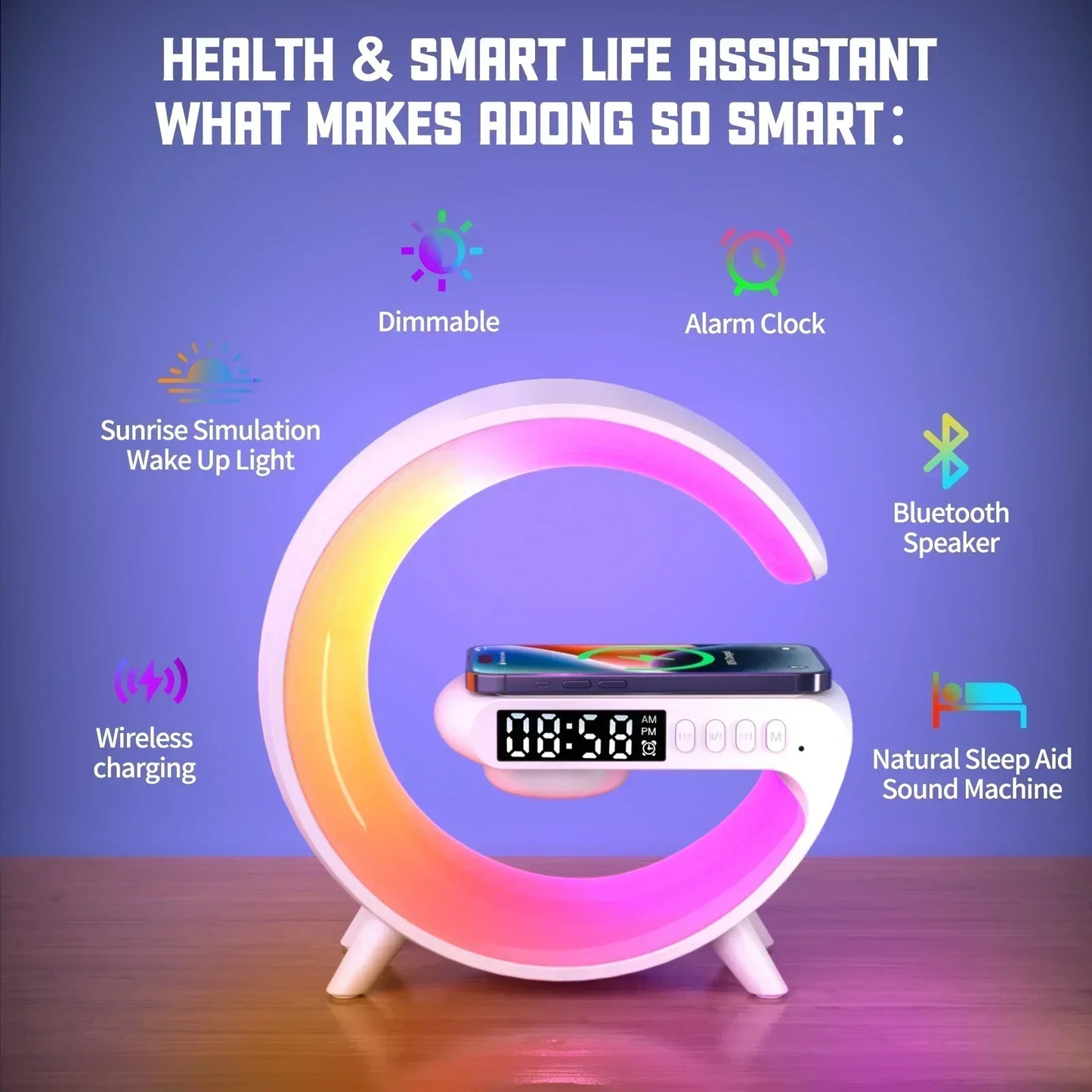 Wireless Charger Stand Pad RGB Night Light Alarm Clock Bluetooth Speaker For iPhone Samsung Earphone Fast Charging Dock Station